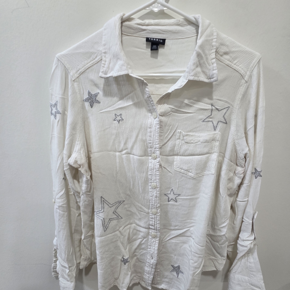 Torrid White Button-Up Shirt with Silver Star Accents